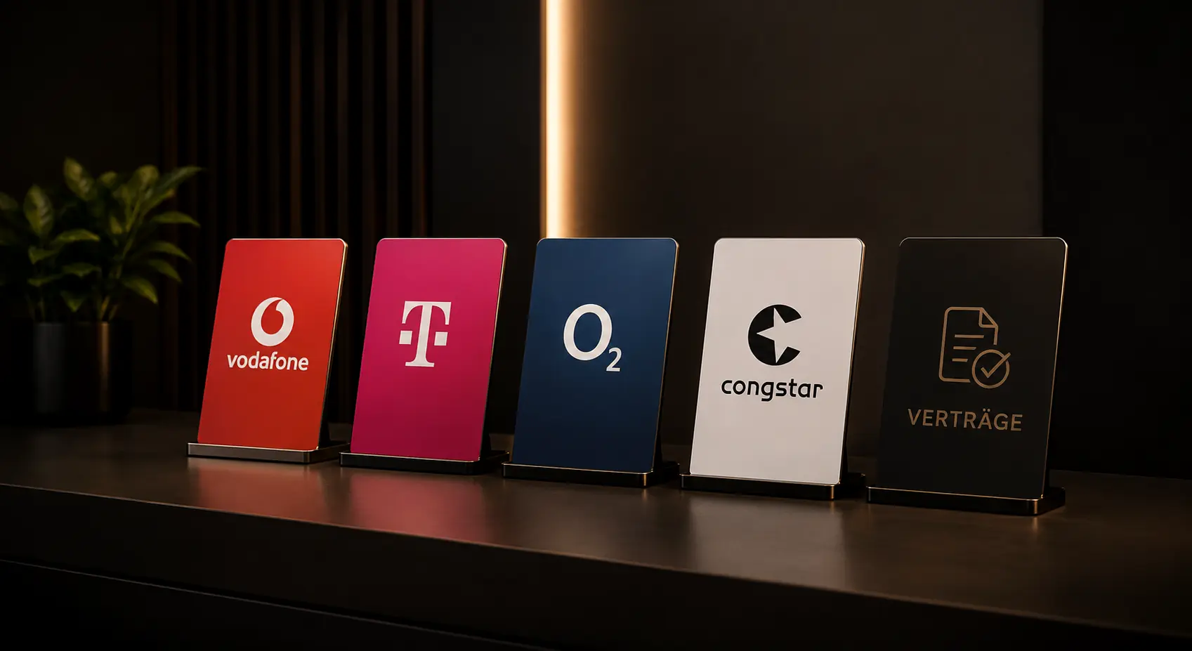Aufsteller der Mobilfunkanbieter Vodafone, Telekom, o2 und congstar auf der Beratungstheke