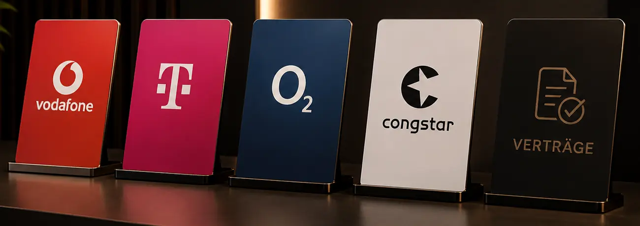 Aufsteller der Mobilfunkanbieter Vodafone, Telekom, o2 und congstar auf der Beratungstheke