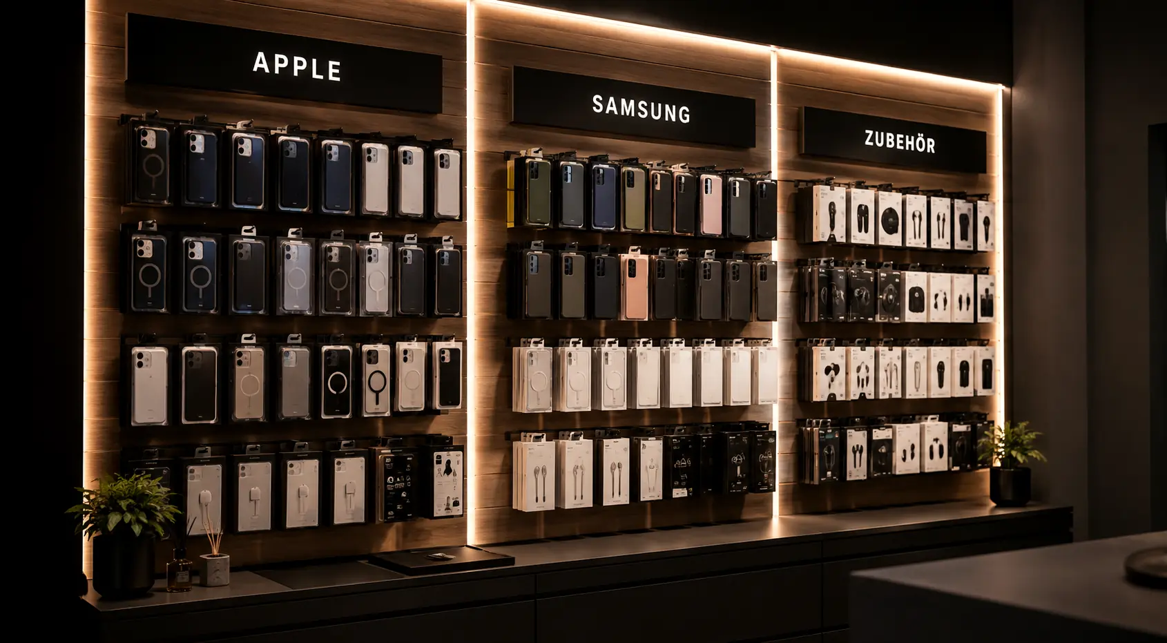 Zubehörwand mit Schutzhüllen für Apple und Samsung sowie Kopfhörern und Kabeln