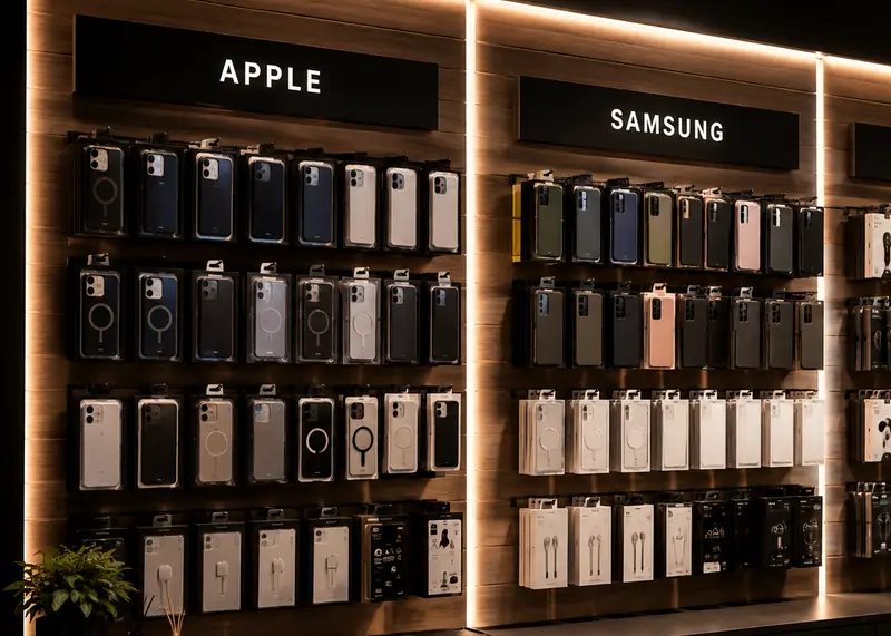 Zubehörwand mit Schutzhüllen für Apple und Samsung sowie Kopfhörern und Kabeln